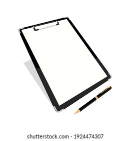 Black clipboard with blank white sheet and pen taking notes on clipboard. Isolated on white background. Vector