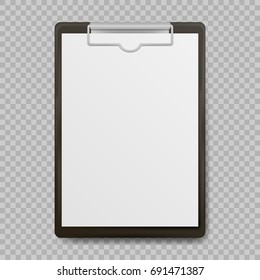 Black clipboard with blank white sheet attached on transparent background. Vector illustration. Eps 10.