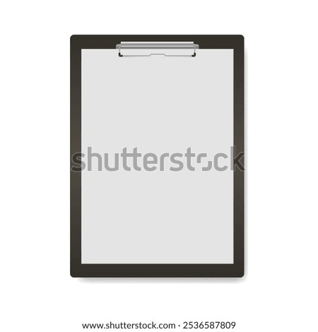 Black clipboard with a blank white sheet of paper. Mockup for design