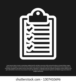 Black Clipboard with checklist icon isolated on black background. Vector Illustration