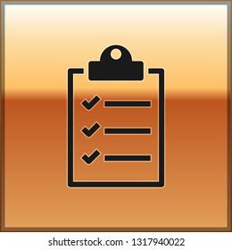 Black Clipboard with checklist icon isolated on gold background. Vector Illustration