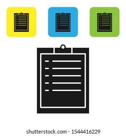 Black Clipboard with checklist icon isolated on white background. Set of colorful square icon buttons. Vector Illustration