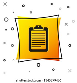 Black Clipboard with document icon isolated on white background. Yellow square button. Vector Illustration