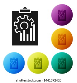Black Clipboard with graph chart icon isolated on white background. Report text file icon. Accounting sign. Audit, analysis, planning. Set icons colorful circle buttons. Vector Illustration