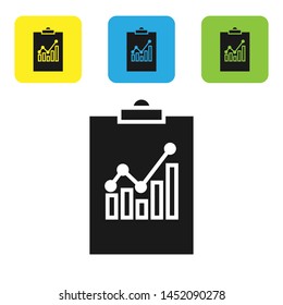 Black Clipboard with graph chart icon isolated on white background. Report text file icon. Accounting sign. Audit, analysis, planning. Set icons colorful square buttons. Vector Illustration