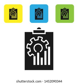 Black Clipboard with graph chart icon isolated on white background. Report text file icon. Accounting sign. Audit, analysis, planning. Set icons colorful square buttons. Vector Illustration