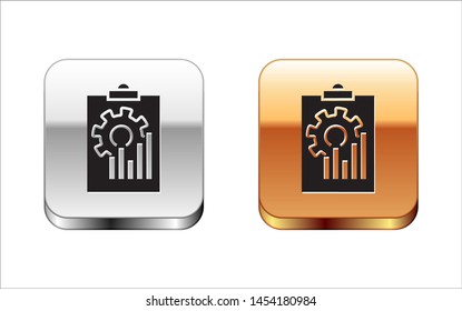 Black Clipboard with graph chart icon isolated on white background. Report text file icon. Accounting sign. Audit, analysis, planning. Silver-gold square button. Vector Illustration