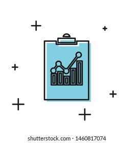 Black Clipboard with graph chart icon isolated on white background. Report text file icon. Accounting sign. Audit, analysis, planning.  Vector Illustration