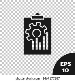 Black Clipboard with graph chart icon isolated on transparent background. Report text file icon. Accounting sign. Audit, analysis, planning.  Vector Illustration