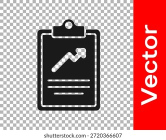 Black Clipboard with graph chart icon isolated on transparent background. Report text file icon. Accounting sign. Audit, analysis, planning.  Vector