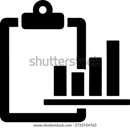 A black clipboard icon with a bar graph on a white background, featuring simple design and bold lines, representing data and statistics