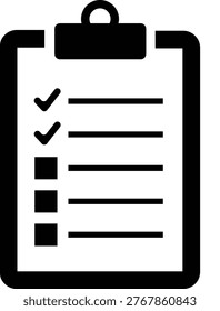 Black clipboard icon with checklist and checkmarks. Task list, survey form vector silhouette. Business organization, planning, todo list concept illustration.
