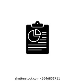 Black clipboard icon with pie chart and data