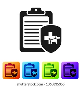 Black Clipboard with medical clinical record pet icon isolated on white background. Health insurance form. Medical check marks report. Set icon in color square buttons. Vector Illustration