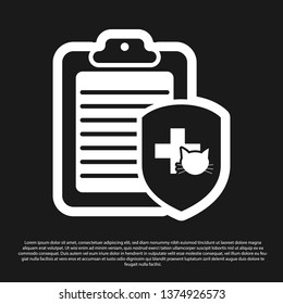 Black Clipboard with medical clinical record pet icon isolated on black background. Health insurance form. Medical check marks report. Vector Illustration