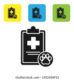 Black Clipboard with medical clinical record pet icon isolated on white background. Health insurance form. Medical check marks report. Set icons colorful square buttons. Vector Illustration