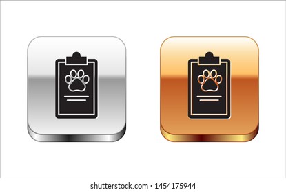 Black Clipboard with medical clinical record pet icon isolated on white background. Health insurance form. Medical check marks report. Silver-gold square button. Vector Illustration