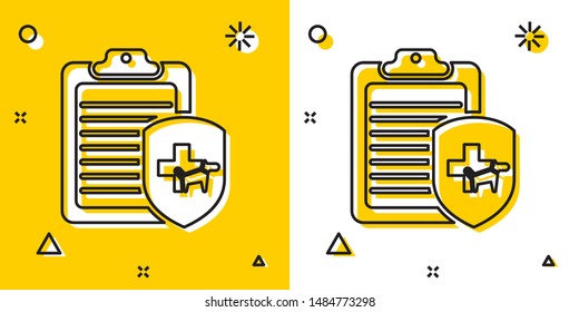 Black Clipboard with medical clinical record pet icon isolated on yellow and white background. Health insurance form. Medical check marks report. Random dynamic shapes. Vector Illustration