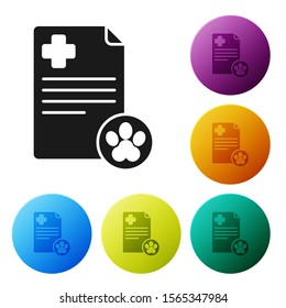 Black Clipboard with medical clinical record pet icon isolated on white background. Health insurance form. Medical check marks report. Set icons colorful circle buttons. Vector Illustration