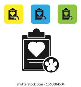 Black Clipboard with medical clinical record pet icon isolated on white background. Health insurance form. Medical check marks report. Set icons colorful square buttons. Vector Illustration