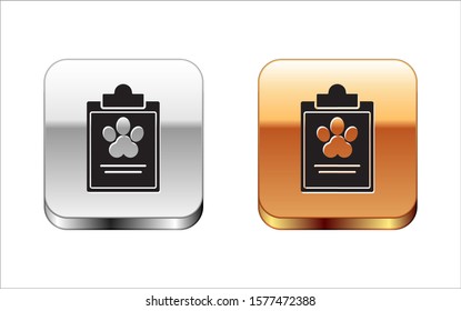 Black Clipboard with medical clinical record pet icon isolated on white background. Health insurance form. Medical check marks report. Silver-gold square button. Vector Illustration