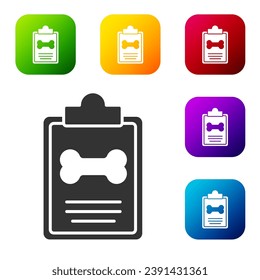 Black Clipboard with medical clinical record pet icon isolated on white background. Health insurance form. Medical check marks report. Set icons in color square buttons. Vector