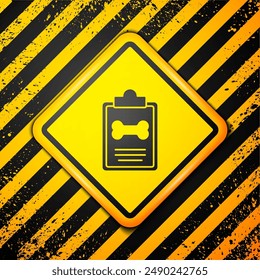 Black Clipboard with medical clinical record pet icon isolated on yellow background. Health insurance form. Medical check marks report. Warning sign. Vector