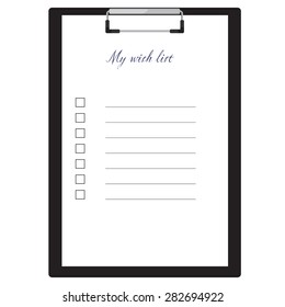 Black clipboard and my wish list with empty check boxes vector illustration. Survey icon, checklist icon 