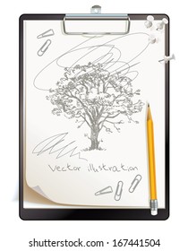 Black clipboard with a painted sketch. Tree drawing drawn in pencil. Top view. Vector illustration. Isolated on white background. Set