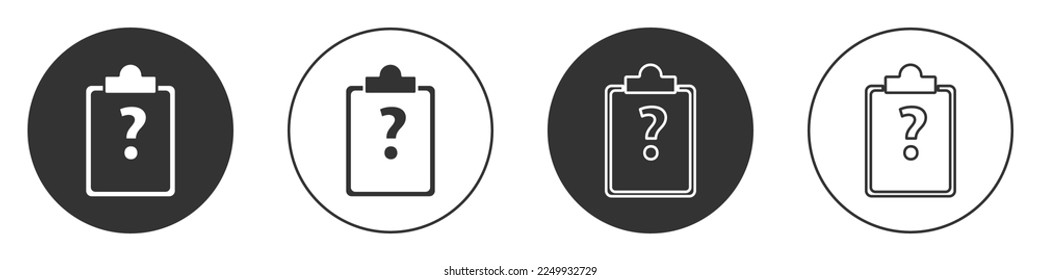 Schwarze Zwischenablage mit Fragezeichen Symbol einzeln auf weißem Hintergrund. Umfrage, Quiz, Untersuchung, Kundenservice-Fragen Konzepte. Circle Button. Vektorgrafik