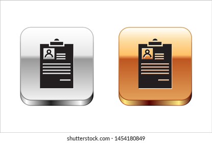 Black Clipboard with resume icon isolated on white background. CV application. Curriculum vitae, job application form with profile photo.  Silver-gold square button. Vector Illustration
