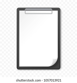 Black clipboard with white sheet on transparent background. Template design blank mock up. Concept for education, business, planning or infographics. Vector illustration