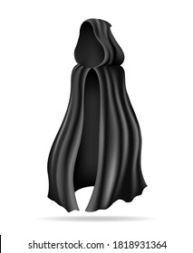 Black cloak robe. Flying halloween hoodie cloth, mysterious dark dress velvet cape, vampire or magician flowing mantle