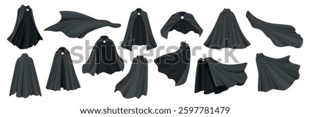 Black Cloak Vector Set. Superhero Cape, Mysterious Cloak, Flowing Black Cape Illustration. Wizard, Vampire, Superhero Costume Cloak for Fantasy Character Design