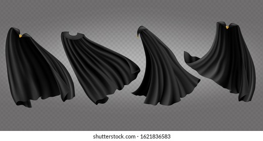 Black cloaks set. Silk flattering capes side, back and front view isolated on transparent background. Carnival, masquerade dress, vampire costume design, realistic 3d vector illustration, clip art