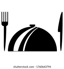 Black cloche in hand. Restaurant plate in elegant. Food serving tray. Vector illustration in modern flat style.
