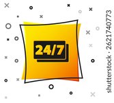 Black Clock 24 hours icon isolated on white background. All day cyclic icon. 24 hours service symbol. Yellow square button. Vector