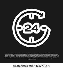 Black Clock 24 hours icon isolated on black background. All day cyclic icon. 24 hours service symbol. Vector Illustration