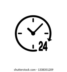 Black Clock 24 hours icon isolated on white background. All day cyclic icon. 24 hours service symbol. Vector Illustration