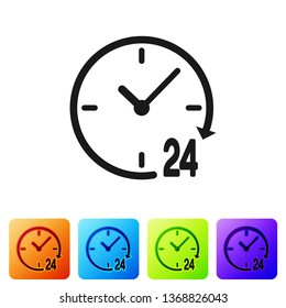 Black Clock 24 hours icon isolated on white background. All day cyclic icon. 24 hours service symbol. Set icon in color square buttons. Vector Illustration