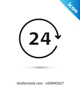Black Clock 24 hours icon isolated on white background. All day cyclic icon. 24 hours service symbol.  Vector Illustration