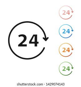 Black Clock 24 hours icon isolated on white background. All day cyclic icon. 24 hours service symbol. Set icons colorful. Vector Illustration