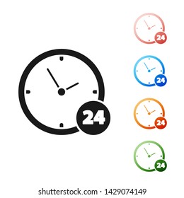 Black Clock 24 hours icon isolated on white background. All day cyclic icon. 24 hours service symbol. Set icons colorful. Vector Illustration