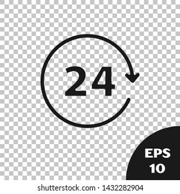 Black Clock 24 hours icon isolated on transparent background. All day cyclic icon. 24 hours service symbol.  Vector Illustration