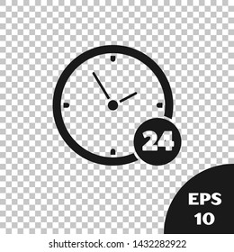 Black Clock 24 hours icon isolated on transparent background. All day cyclic icon. 24 hours service symbol.  Vector Illustration