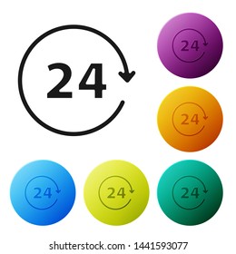 Black Clock 24 hours icon isolated on white background. All day cyclic icon. 24 hours service symbol. Set icons colorful circle buttons. Vector Illustration