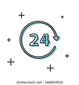 Black Clock 24 hours icon isolated on white background. All day cyclic icon. 24 hours service symbol.  Vector Illustration