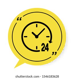 Black Clock 24 hours icon isolated on white background. All day cyclic icon. 24 hours service symbol. Yellow speech bubble symbol. Vector Illustration