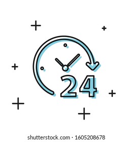Black Clock 24 hours icon isolated on white background. All day cyclic icon. 24 hours service symbol.  Vector Illustration
