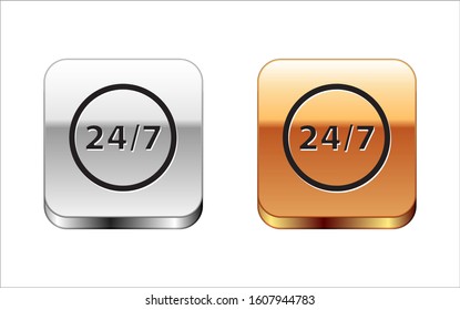 Black Clock 24 hours icon isolated on white background. All day cyclic icon. 24 hours service symbol. Silver-gold square button. Vector Illustration